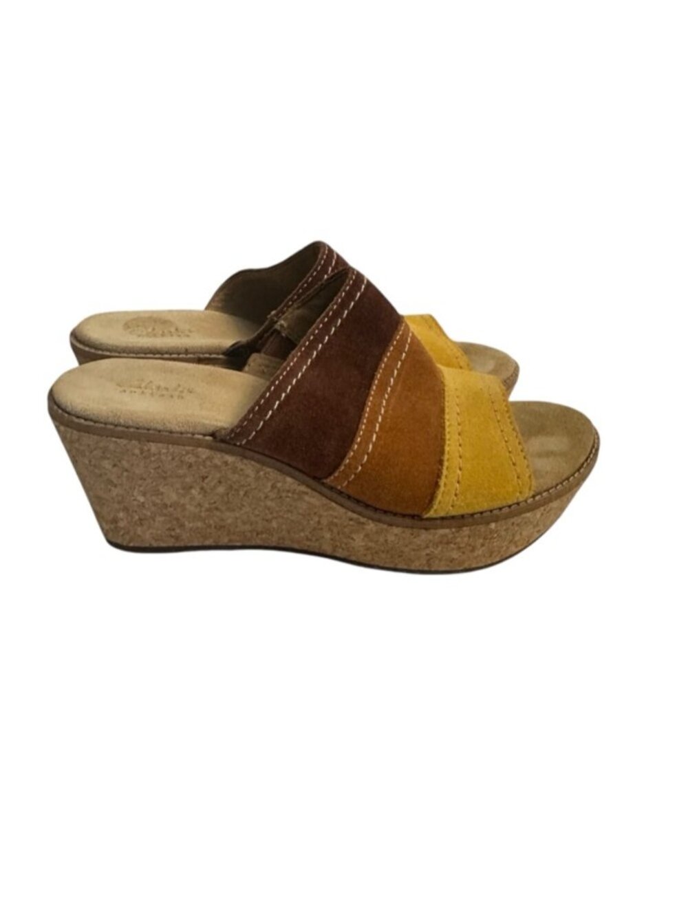 Clarks Aisley Lily Colorblock Suede Cork Wedge Slide Sandals Size 8